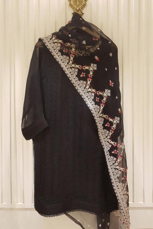 Agha Noor Black Organza Suit Designs Embroidery Dress - 3 Pc Suits