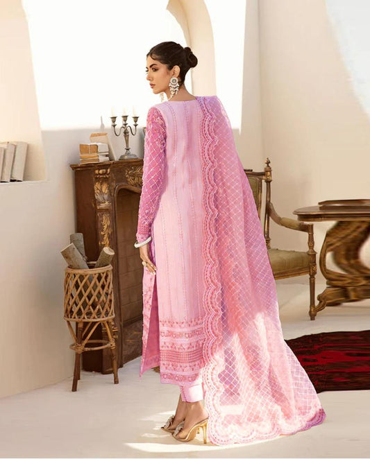 PINK AKBAR ASLAM  hand embelished embroidery suit organza designs by aizah store