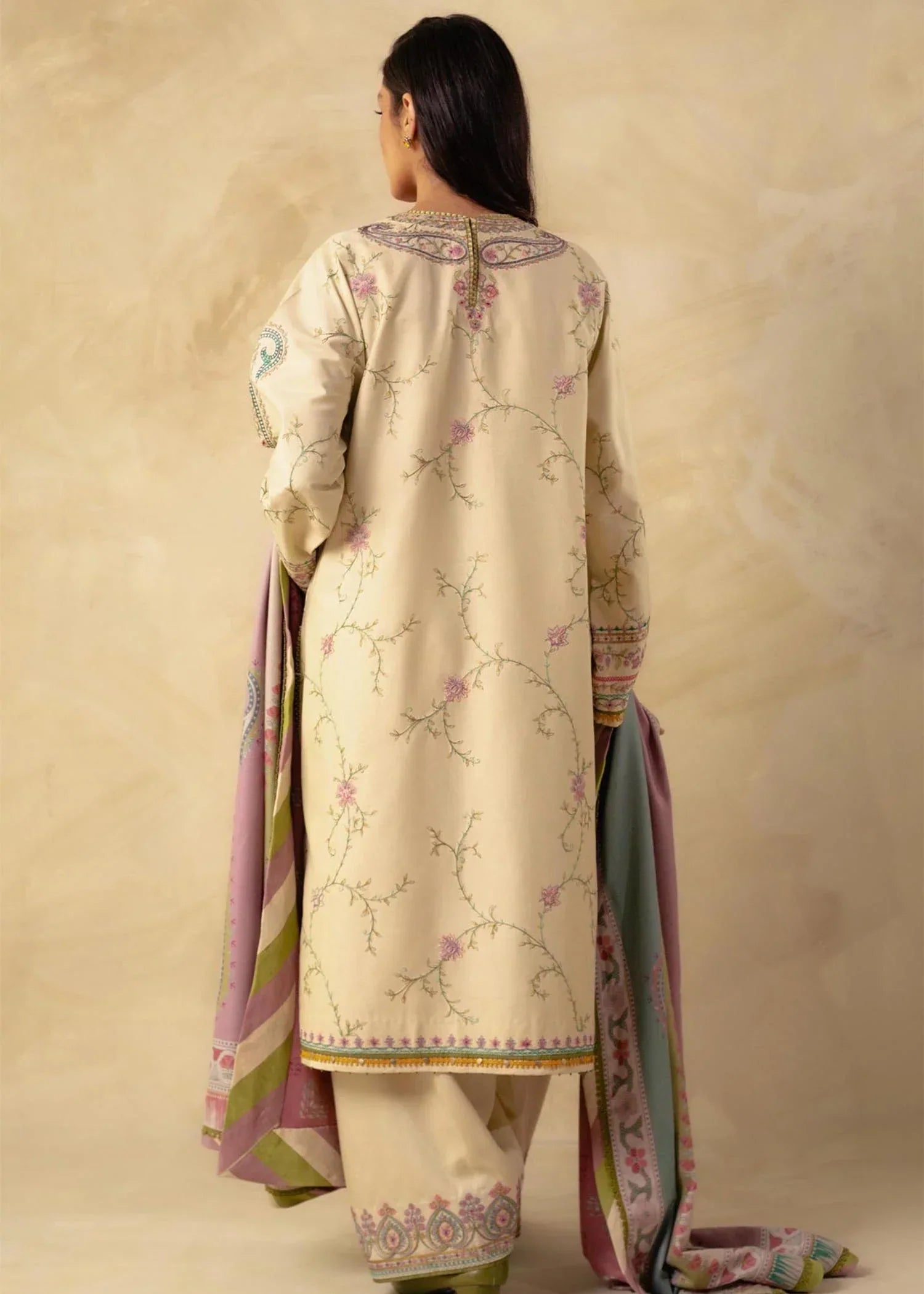 FULLY EMBROIDERED 3PC DHANAK DRESS WITH PRINTED DHANAK SHAWL-ZSJ534