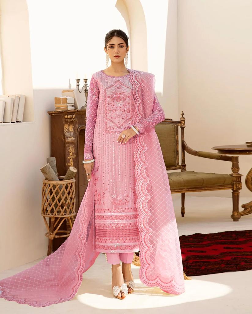 PINK AKBAR ASLAM  hand embelished embroidery organza suits by aizah store