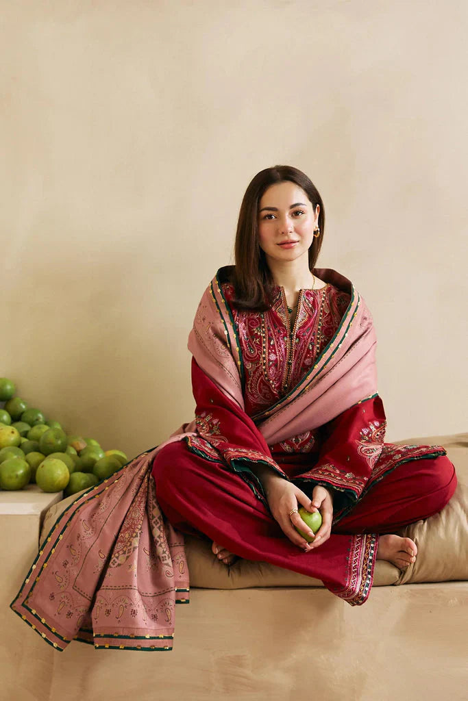 FULLY EMBROIDERED 3PC DHANAK DRESS WITH PRINTED DHANAK SHAWL-ZSJ5025