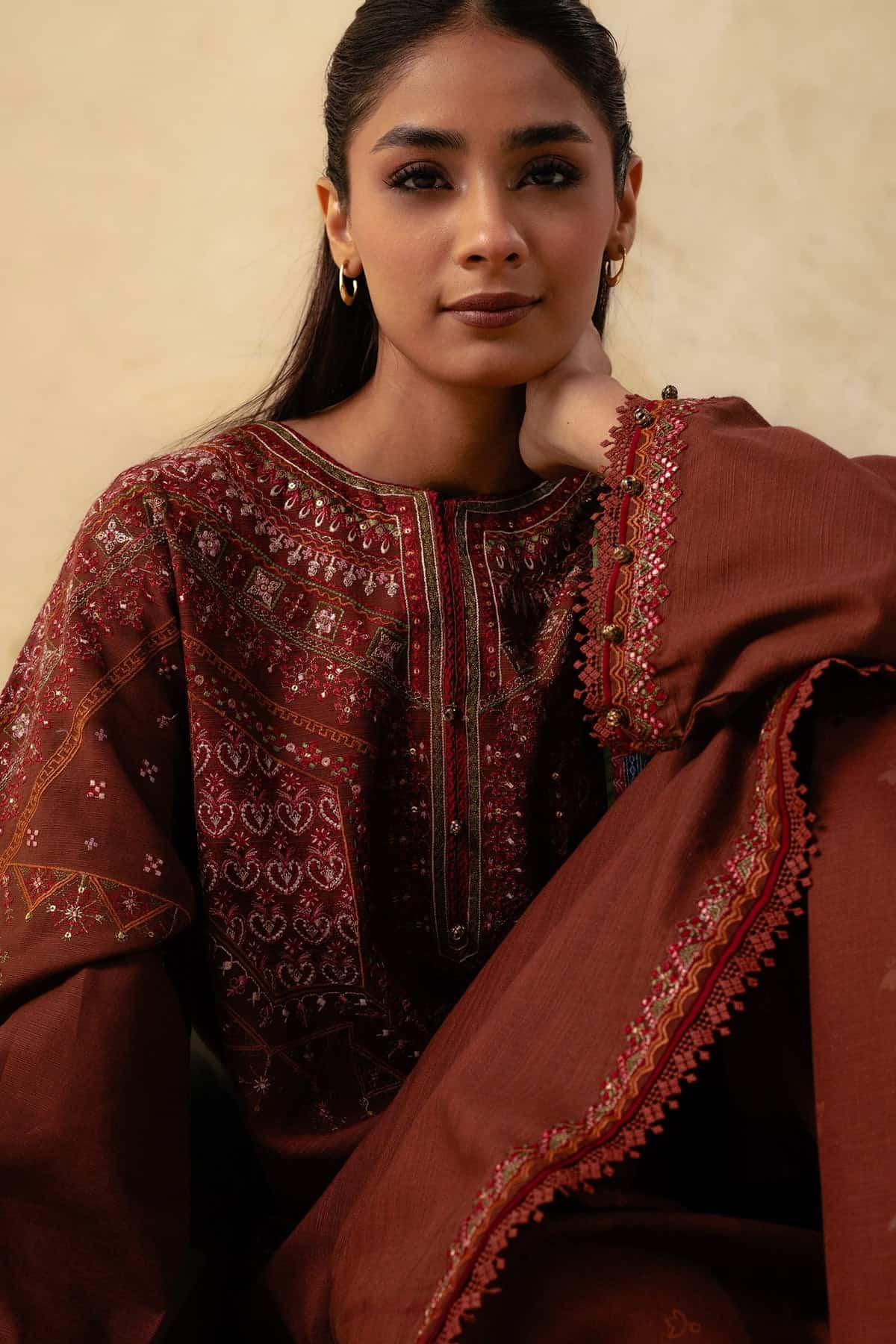 FULLY EMBROIDERED 3PC DHANAK DRESS WITH PRINTED DHANAK SHAWL-ZSJ559