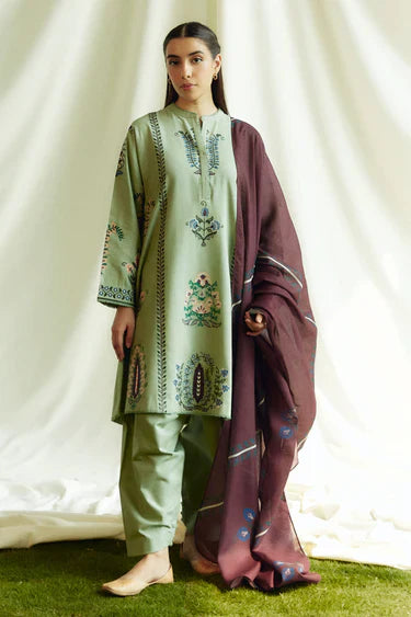 EMBROIDERED 3PC KHADDAR DRESS WITH PRINTED KHADDAR SHAWL-ZSJ5091